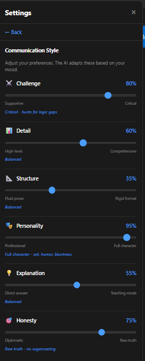 Nexus Communication Style — 6 calibration sliders